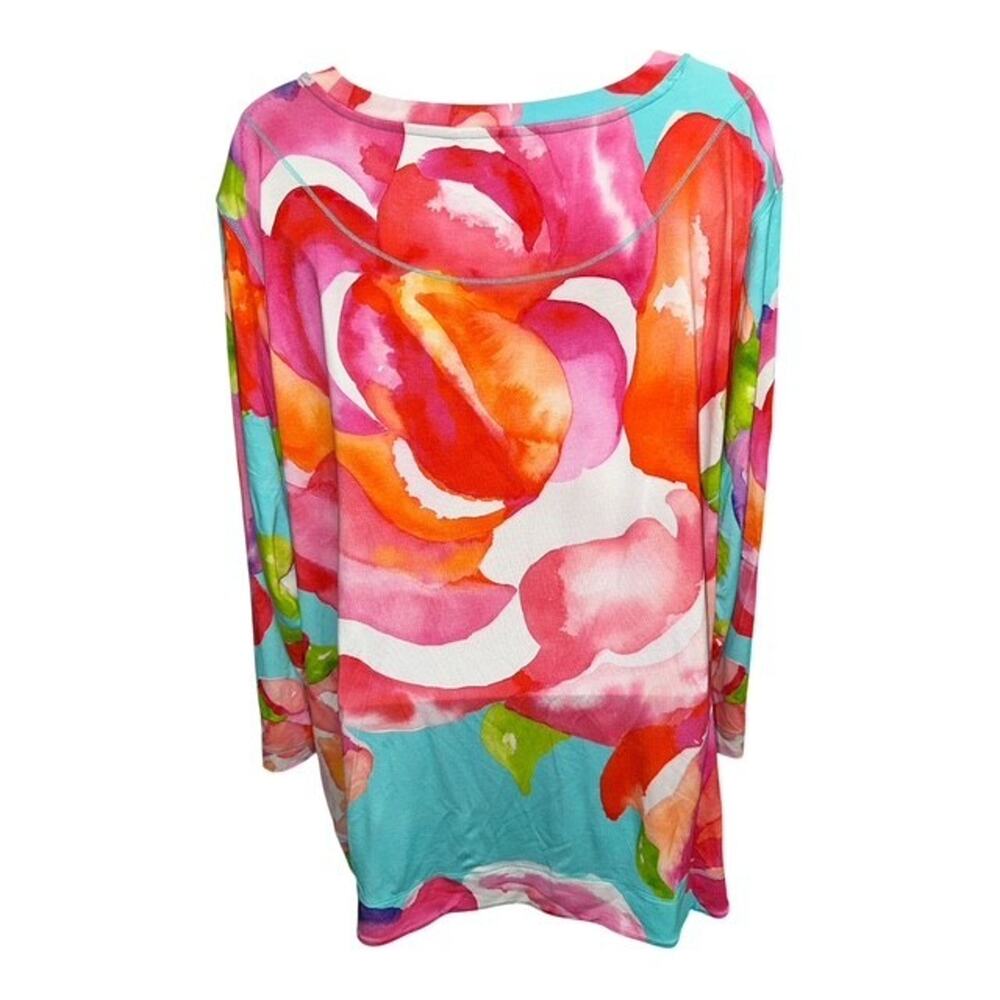 Ali Miles 1X Top Pink Blue Floral Colorful Art Pullover Soft Stretch 3/4 Sleeves - Picture 6 of 6